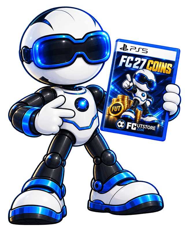 FCUTSTORE robot holding the FC 27 PlayStation coin case