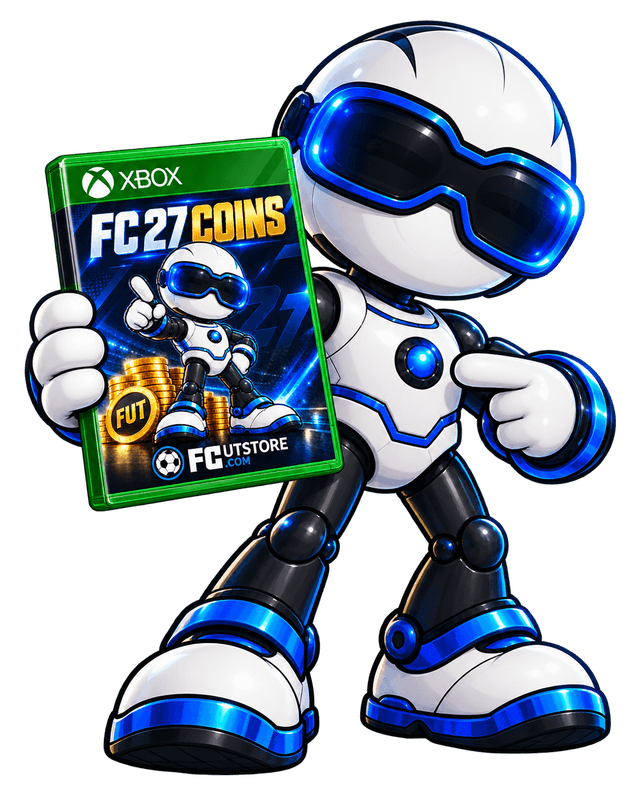 FCUTSTORE robot holding the FC 27 Xbox coin case